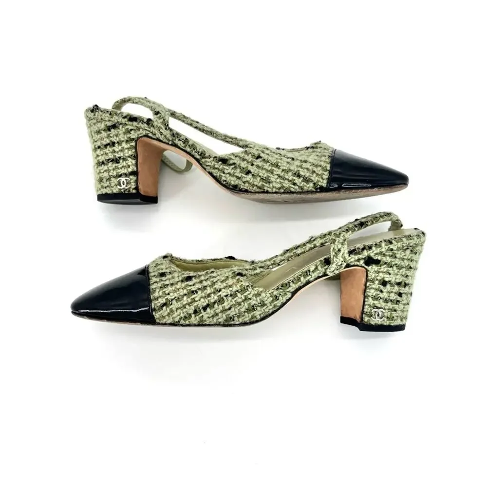 Chanel CC Logo Green Wool Tweed Patent Cap Toe Slingback Heeled Sandals 37